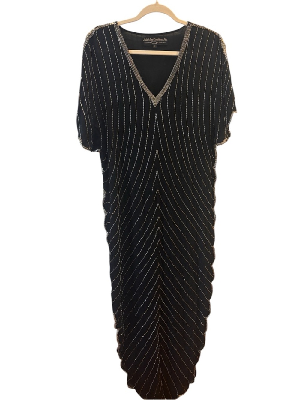 1980s Judith Ann Creations Silk Sparkle Dress Beaded Caftan Scalloped Hem VTG